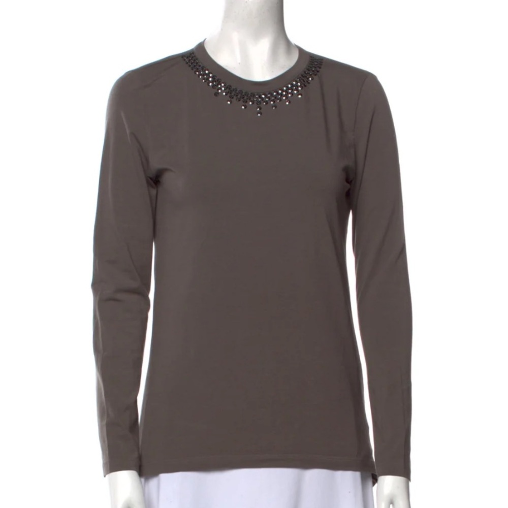 Brunello Cucinelli S Sequin Taupe Brown Crew Neck Long Sleeve Top Blouse